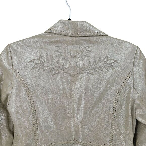 WHBM Metallic Gold Western Genuine Leather Bolero Jacket 6 Patch Work Embossed - Picture 13 of 15